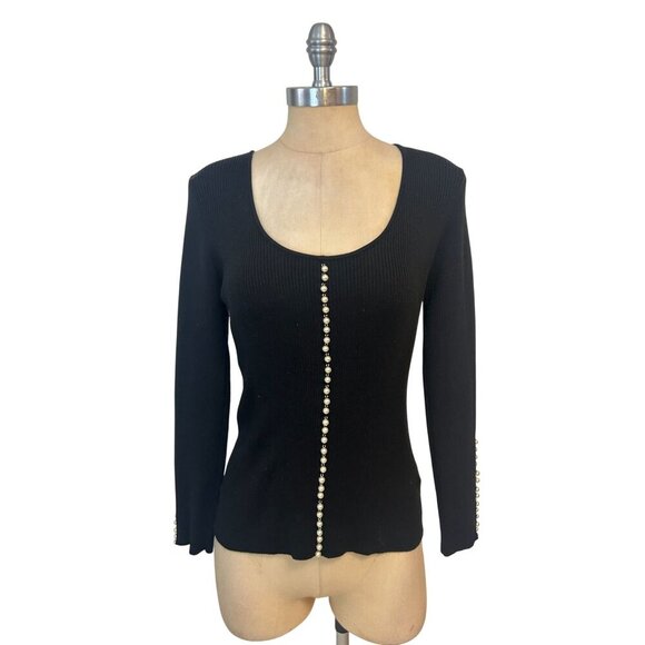 Escada Sweaters - Black Escada Ribbed Knit Sweater With Pearl Button Details 34 US 4 Small